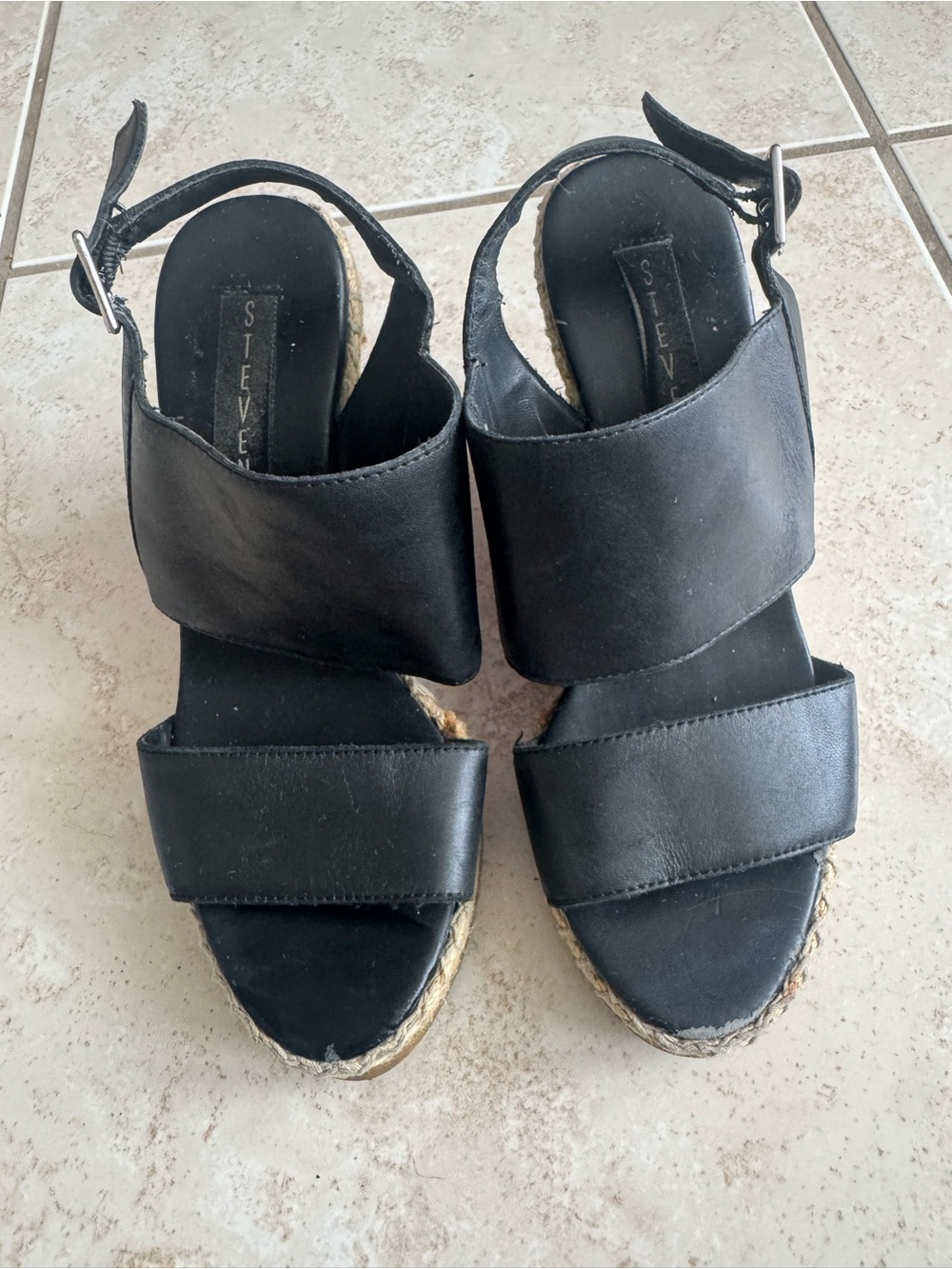 Steven By Steve Madden Black Two-Strap Espadrille Wedge Sandals
